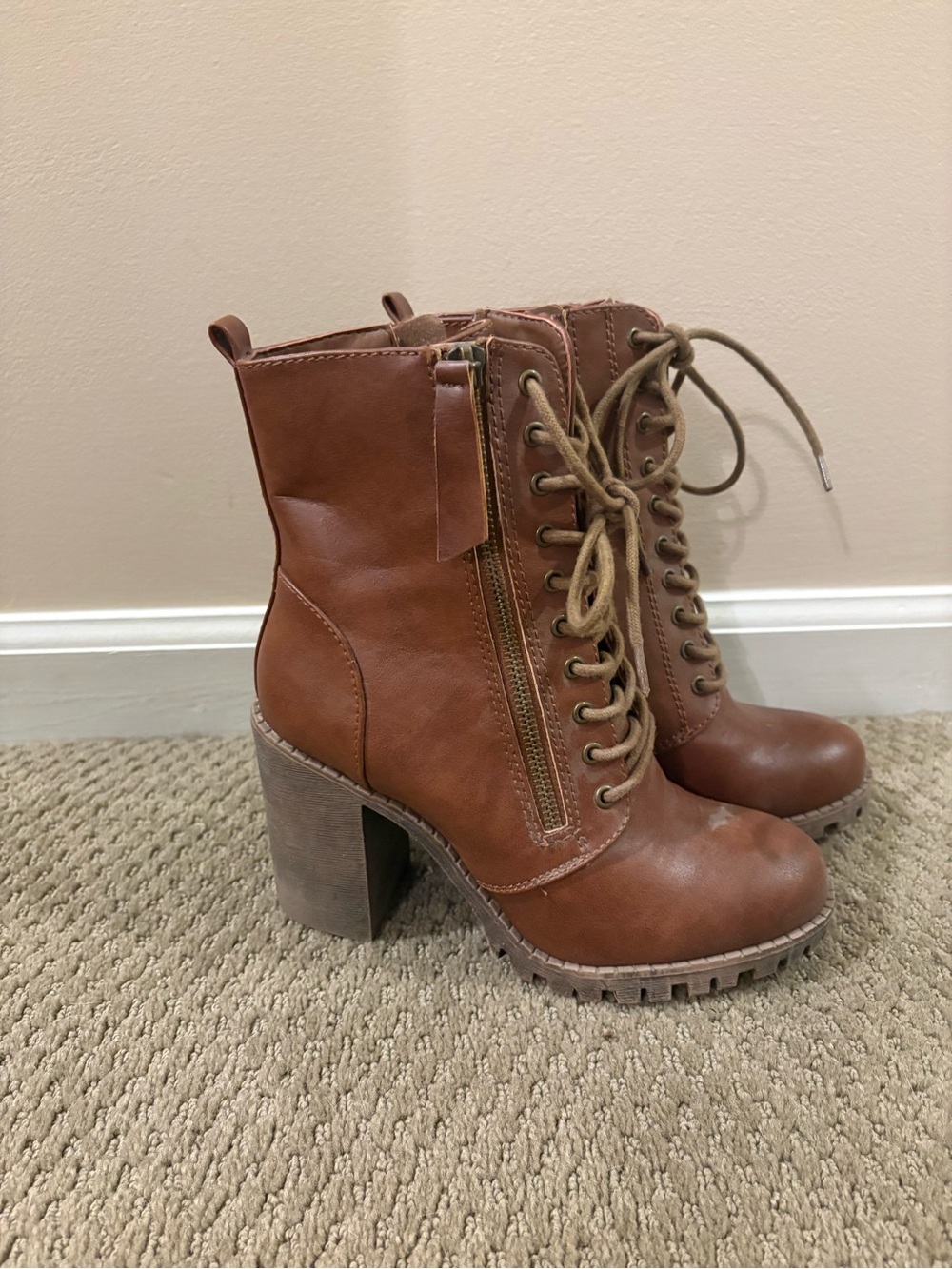 Soda Malia Faux Leather Lace-Up Chunky Ankle Boots